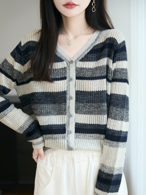 条纹长袖针织开衫女春秋2025新款设计感复古撞色V领毛衣外套上衣|undefined