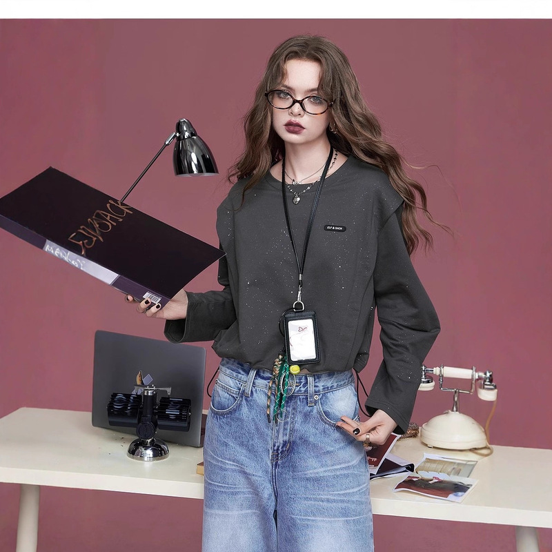 妖精的口袋灰色坎肩烫银圆领卫衣女2025秋季新款宽松长袖休闲上衣|undefined