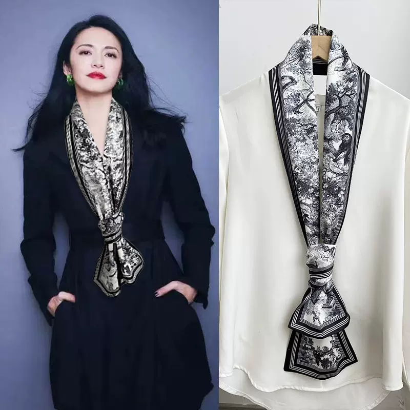 小长条方巾窄丝巾女春秋夏季装饰素描狮虎黑搭配衬衫西装领带飘带