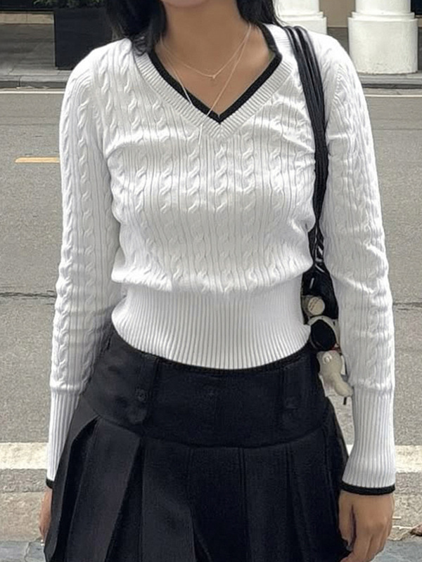 甜美清新风修身显瘦学院风毛衣少女风v领套头纯色时尚长袖上衣|undefined