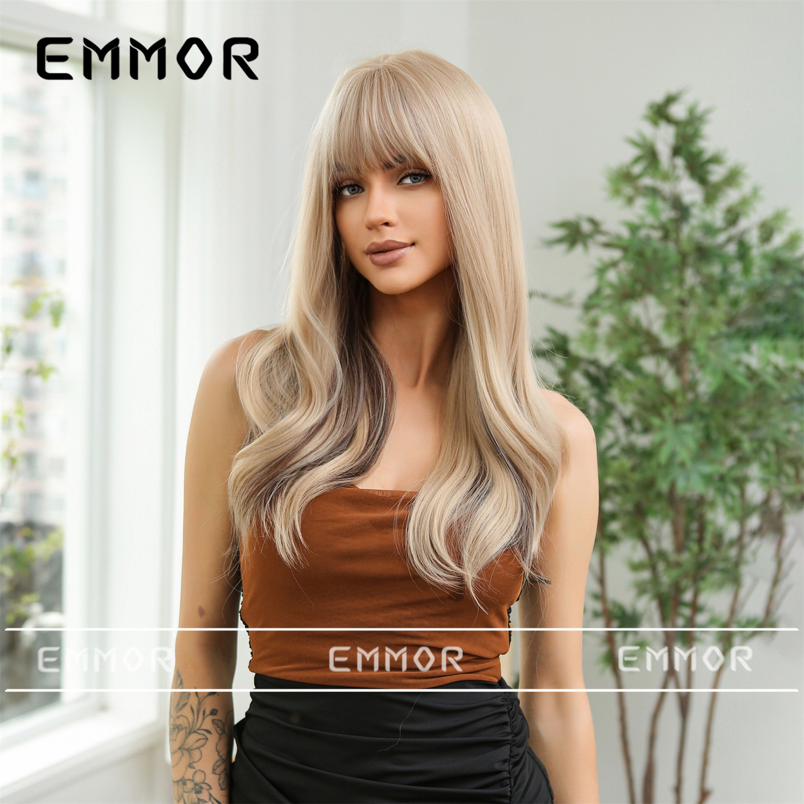 Elegante up Air Bangs color largo Pelo Rizado diario Fecha de fiesta atmósfera llena simulación peluca cabeza cubierta