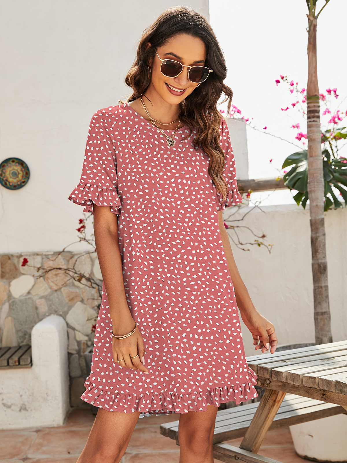 168g Weight Knee-Length Dress Length Type Short Sleeve Sleeve Length A-Line Skirt Dresses Type Flounce Sleeve Sleeve Type Polyester Fabric Type Daily Occasion Round Neck Neckline Loose Version Leopard Pattern Summer Season Women'S Gender Printing Design Fashion Style Wholesale Women'S Fashion Printing Leopard Daily Round Neck Short Sleeve A-Line Skirt 37