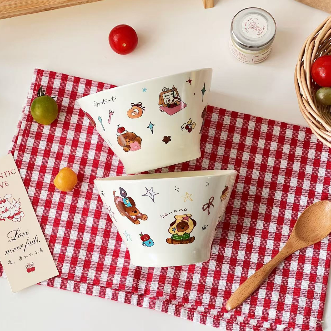 国合ins卡通家用陶瓷斗笠碗早餐特别好看的饭碗高脚碗沙拉水果碗