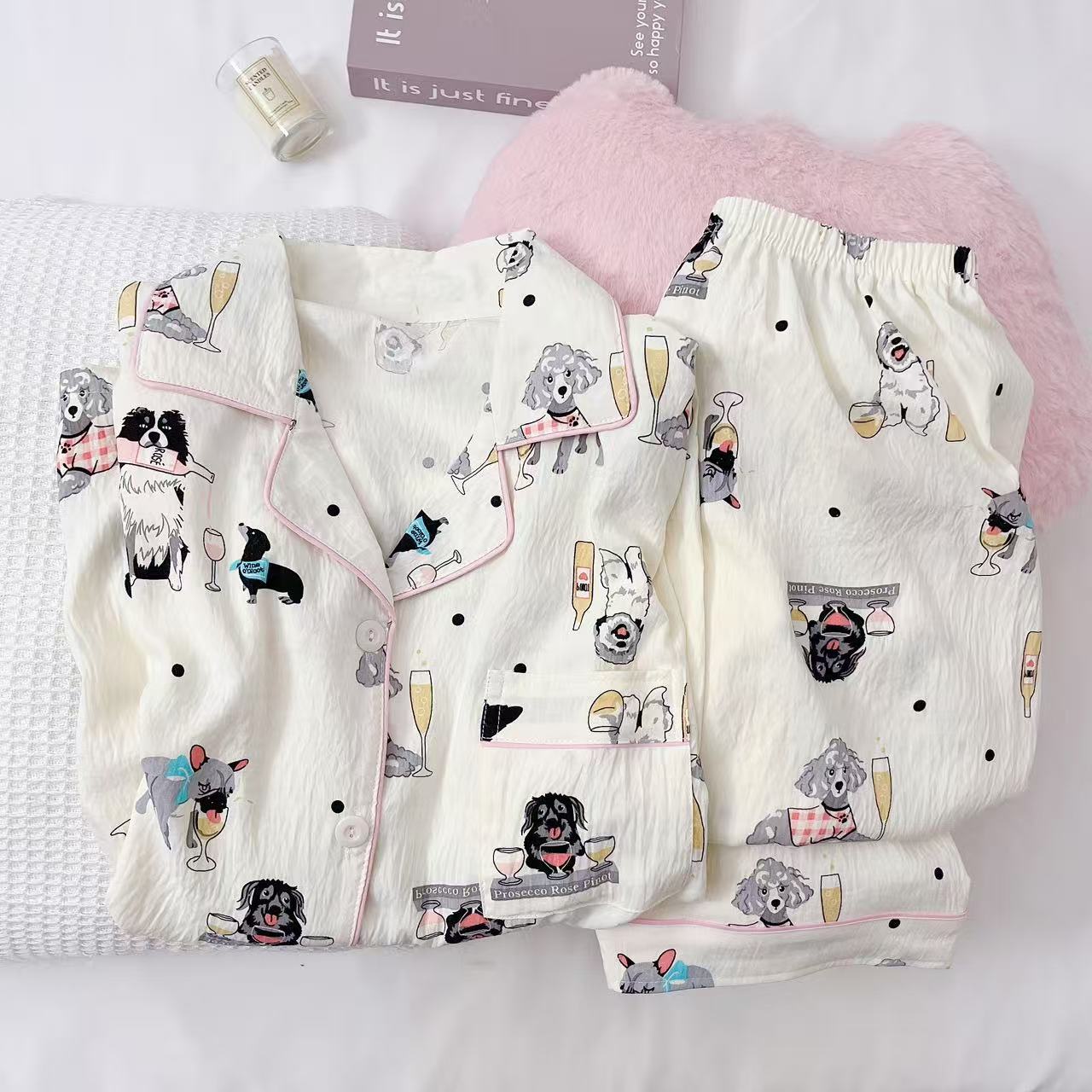 KT gato pijama de dibujos animados de primavera y verano nubes de algodón pantalones de manga larga dos piezas estudiantes textura encantadora ropa doméstica de niña