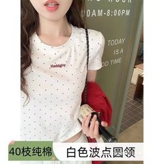 纯棉韩系白色波点圆领正肩短袖恤女2025新款夏季修身短款上衣