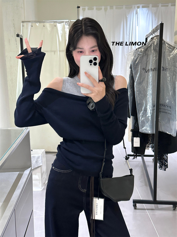 thelimon柠檬绿茶2025秋季新款一字肩修身长袖针织衫女假两件上衣|undefined