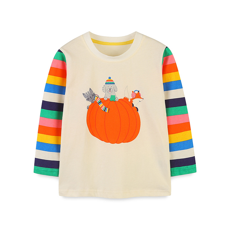 Otoño nueva camiseta de manga larga para niños de estilo europeo y americano, blusa estampada de calabaza de Halloween para niños