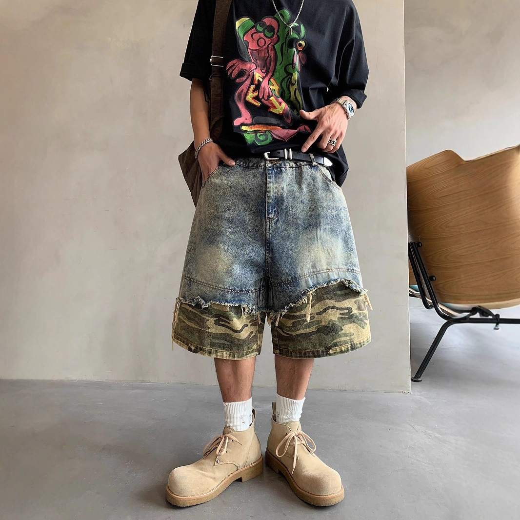 Trendy Distressed Washed Denim Shorts Men's Thin Summer 2025 New American Retro Wide-Leg Cropped Pants