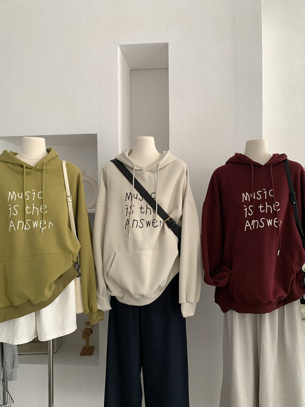 欧玛莱 英文字母印花连帽宽松长袖中长款套头卫衣秋季上衣女 4691|undefined