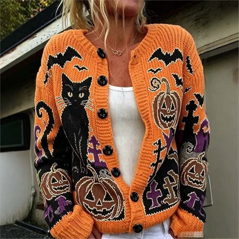 2026 Cross-Border Amazon Autumn New Faux Wool Cardigan for Women with Halloween Pumpkin and Ghost Print Ladies' Top