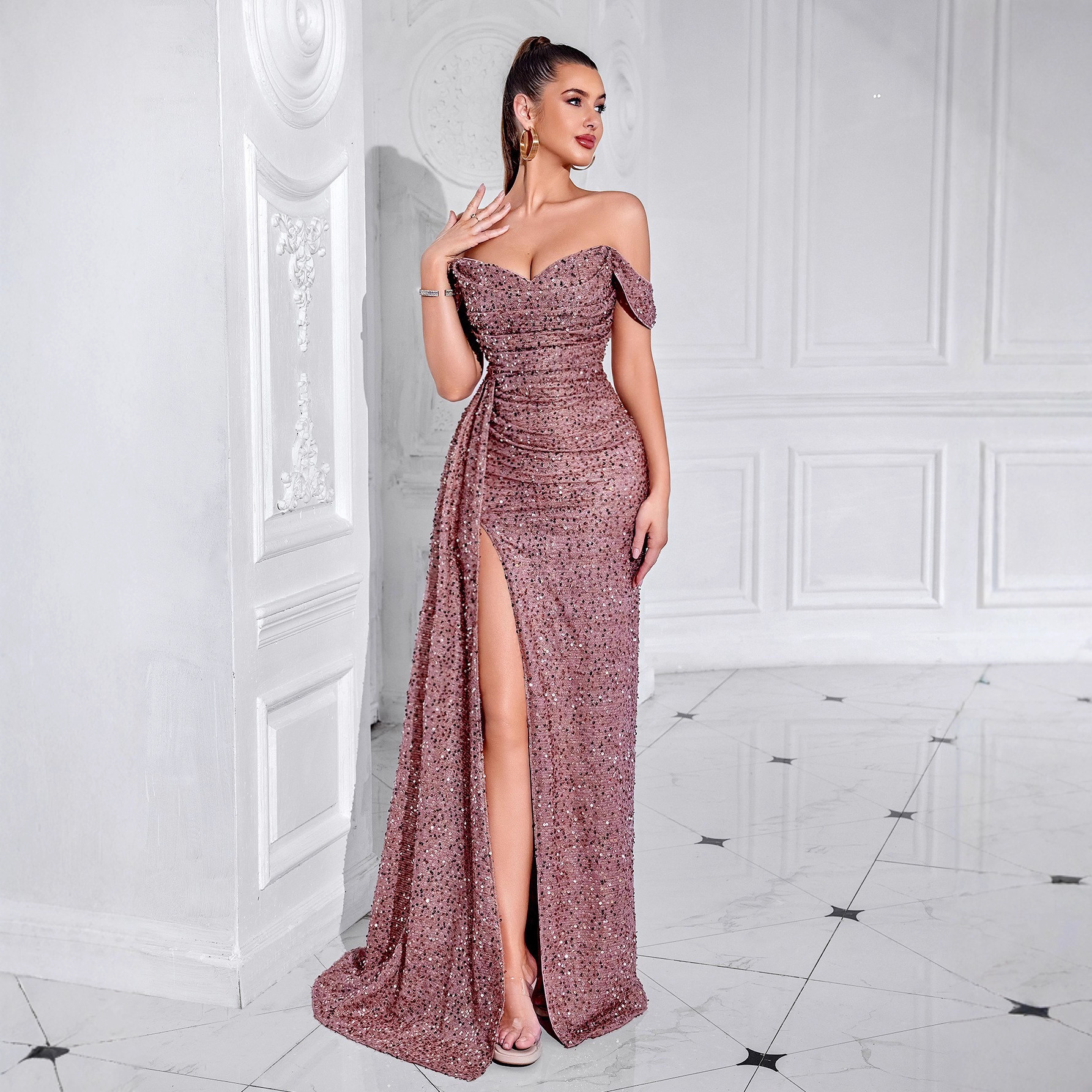 Cross-Border New Sequin Strapless Dress High-End Women's Party Wedding Mermaid Long Evening Gown_ecoleips.com