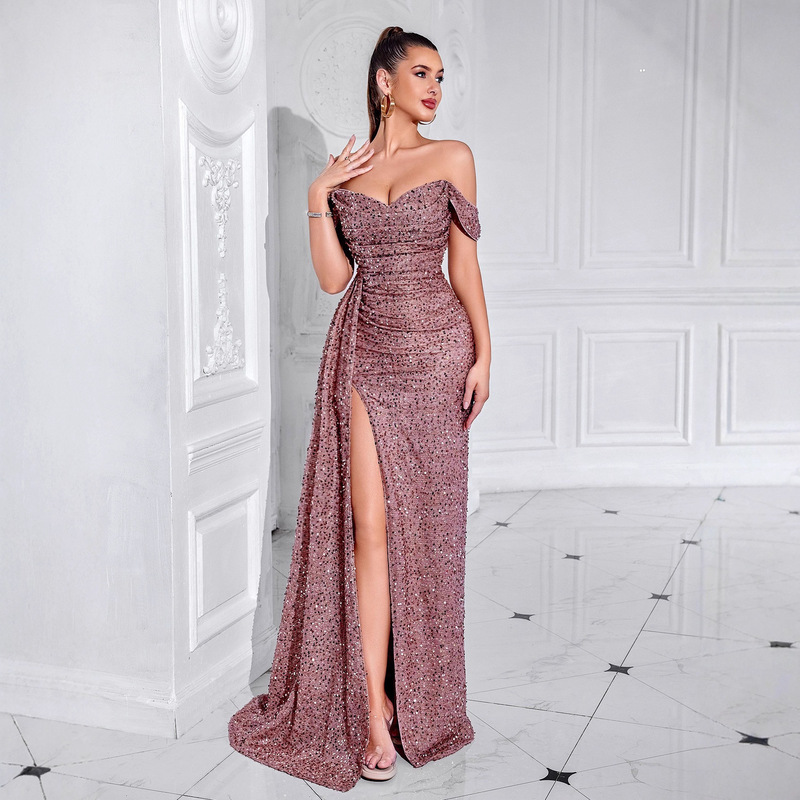 Cross-Border New Sequin Tube Top Dress High-End Women's Party Wedding Dinner Fishtail Long Evening Dress