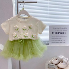 77182 春夏2023新款女童套裝花朵短袖上衣加兔兔網紗裙兩件套裝裙