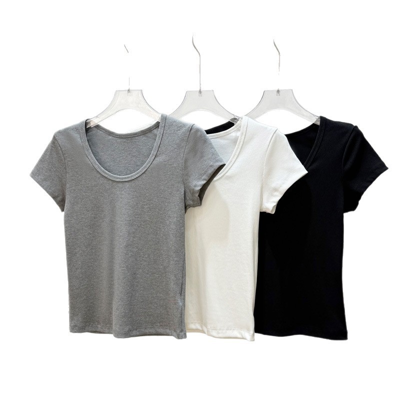 JNBY/25夏新作 シンプルベーシックリブスリム万能Tシャツ Uネック無地クラシック3色着痩せ半袖|undefined