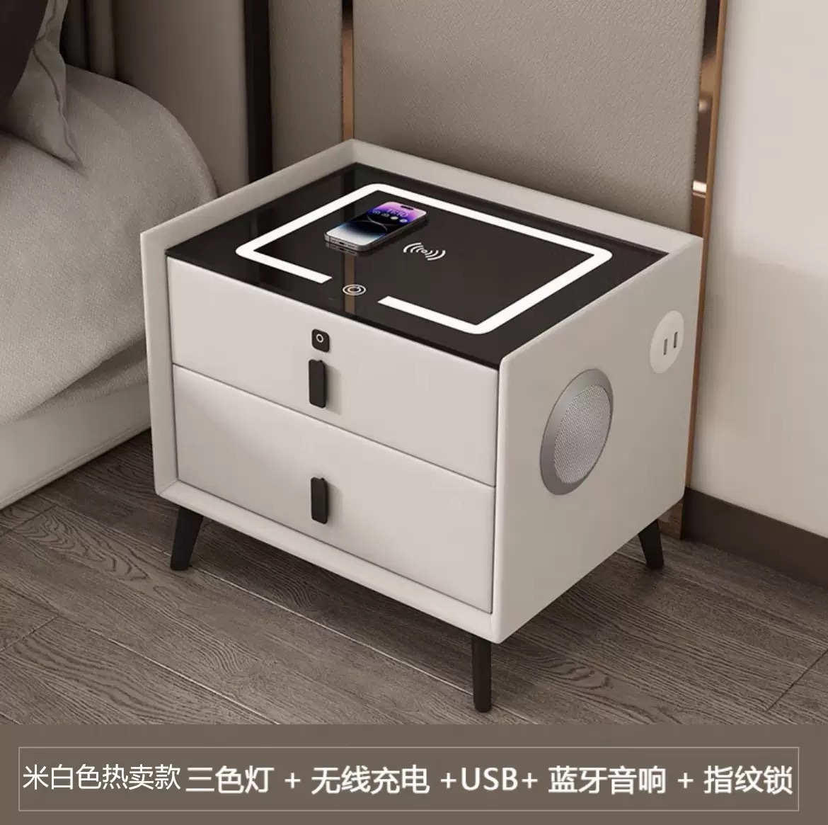Mesa de cabecera inteligente transfronteriza moderna y simple carga inalámbrica con audio LED multifuncional gabinete de cabecera de dormitorio residencial