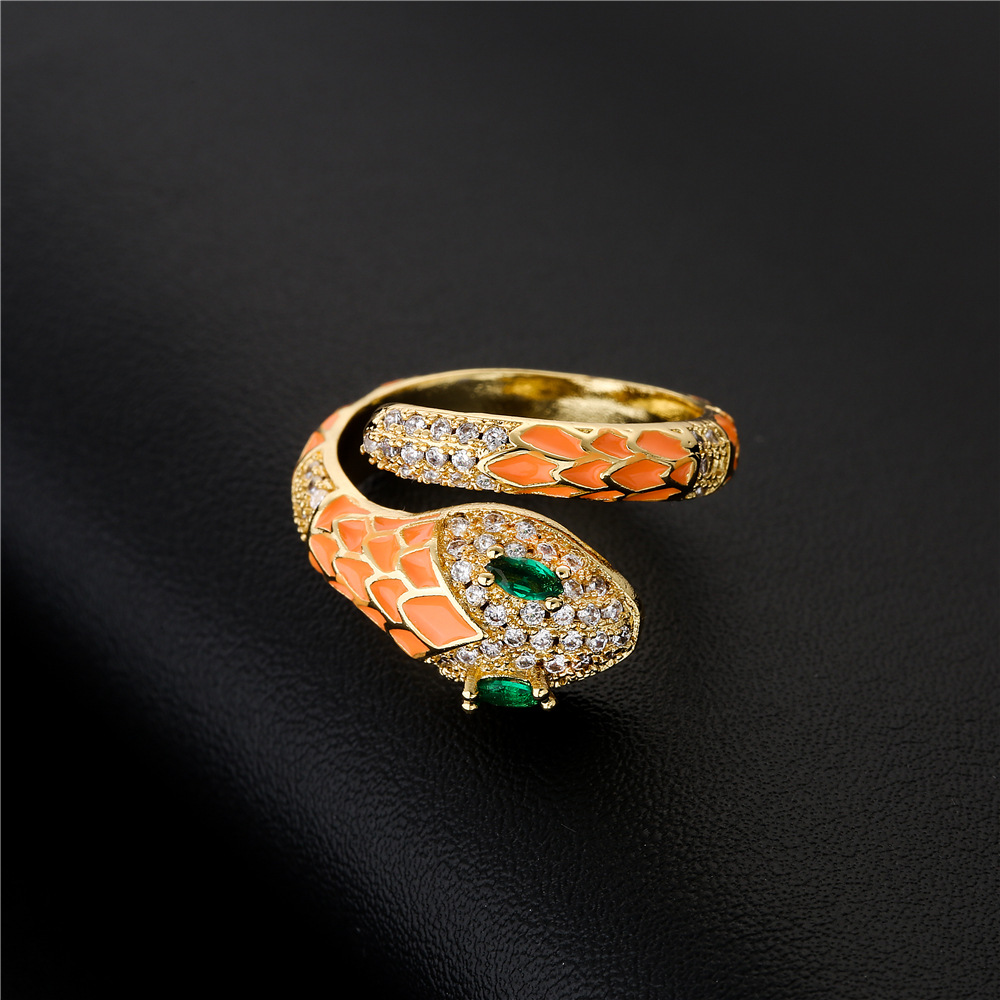 American Oily Snake Ring Copper Micro-inlaid Zircon Gold Ring Female display picture 3