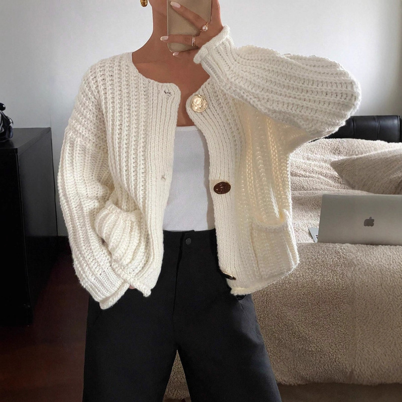 Cross-Border Autumn and Winter Women's Sweater Solid Color Casual Daily Cardigan Button Pocket Warm Open-Front Knit Sweater Women Cross-Border Autumn and Winter Women's Sweater Solid Color Casual Daily Cardigan Button Pocket Warm Open-Front Knit Sweater Women