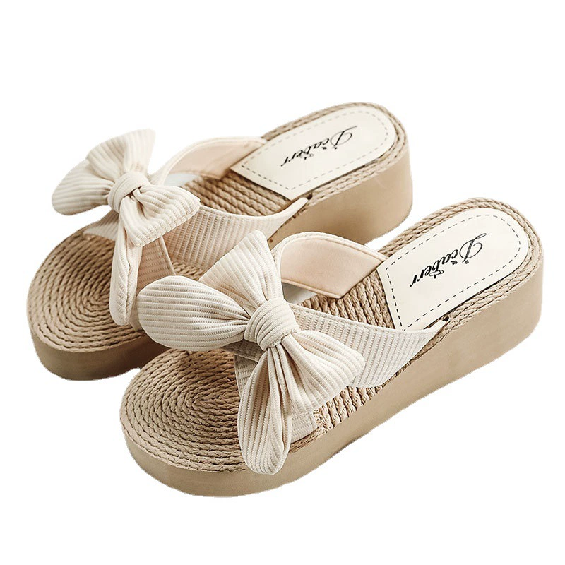 Summer slippers, high footwear with bow, beach slide, 2021 collection, Korean style, beach style