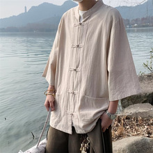 新中式盘扣棉麻七分袖衬衫男夏季中国风休闲纯色宽松立领唐装衬衣