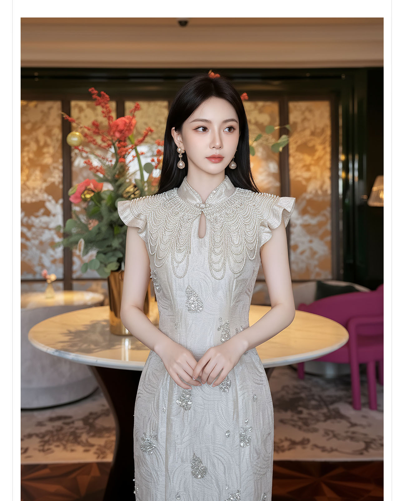 Đầm ôm body nữ phong cách Tân Trung Hoa đính cườm nặng tay thiết kế sườn xám — Xám Hạnh chi tiết 4