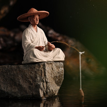 姜太公钓鱼摆件创意紫砂人物姜子牙禅意假山鱼缸盆景造景装饰配件