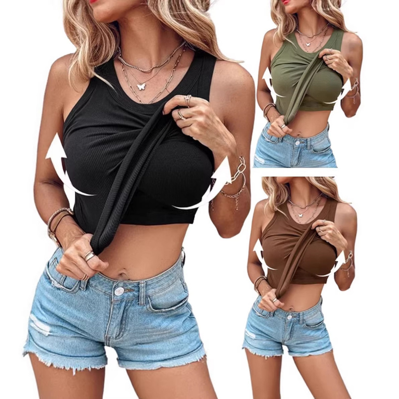 2026 Summer New European and American Style Round Neck Solid Color Tank Top with Built-In Bra, Sexy Women's Base Layer Top for Inner Wear or Outer Wear 2026 Summer New European and American Style Round Neck Solid Color Tank Top with Built-In Bra, Sexy Women's Base Layer Top for Inner Wear or Outer Wear