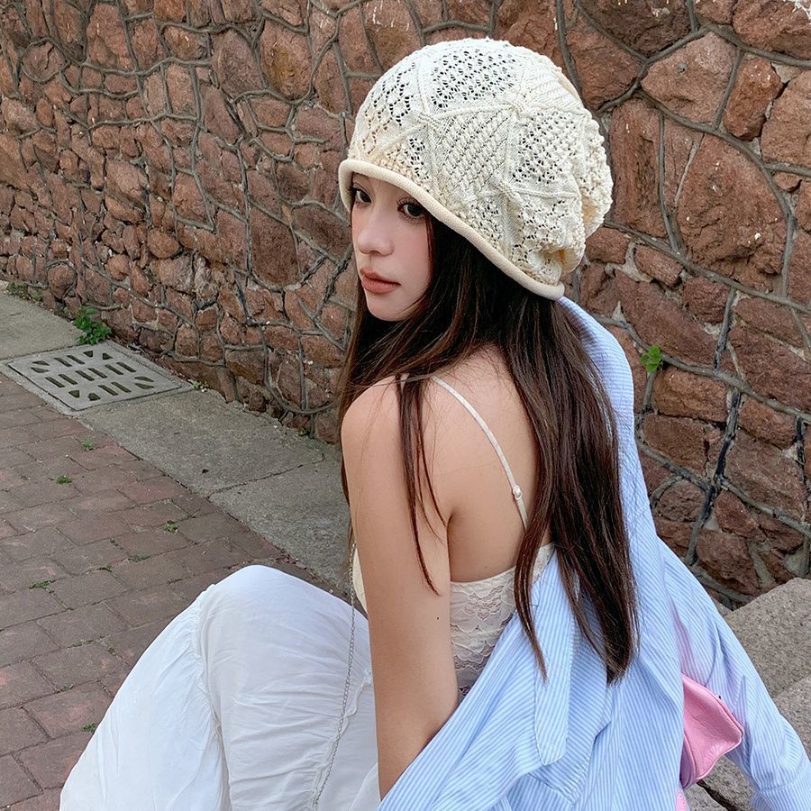 Japón gancho a mano hueco sombrero de pila para mujeres de otoño de color sólido alrededor de la cabeza muestra la cara pequeña sombrero frío delgado sombrero de cabeza