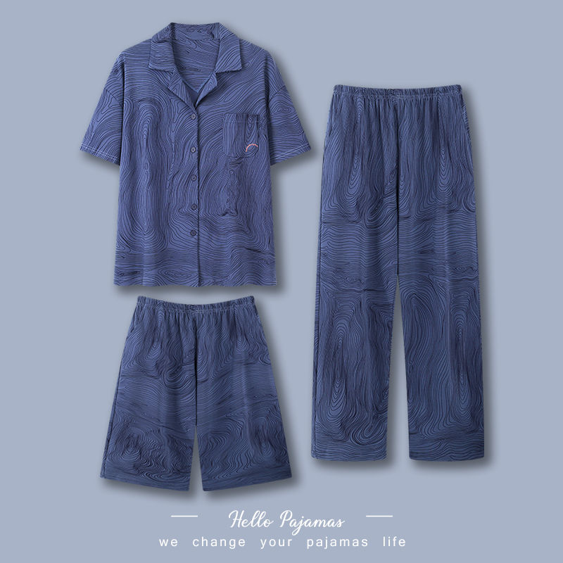 Pajamas de tres piezas para hombres de verano algodón de manga corta pantalones largos delgados de dibujos animados de verano ropa para el hogar grande