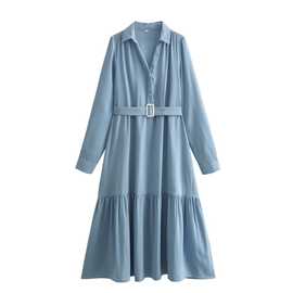 2024欧美风春女装新款浅蓝长袖衬衫式腰带连衣裙长裙  5922