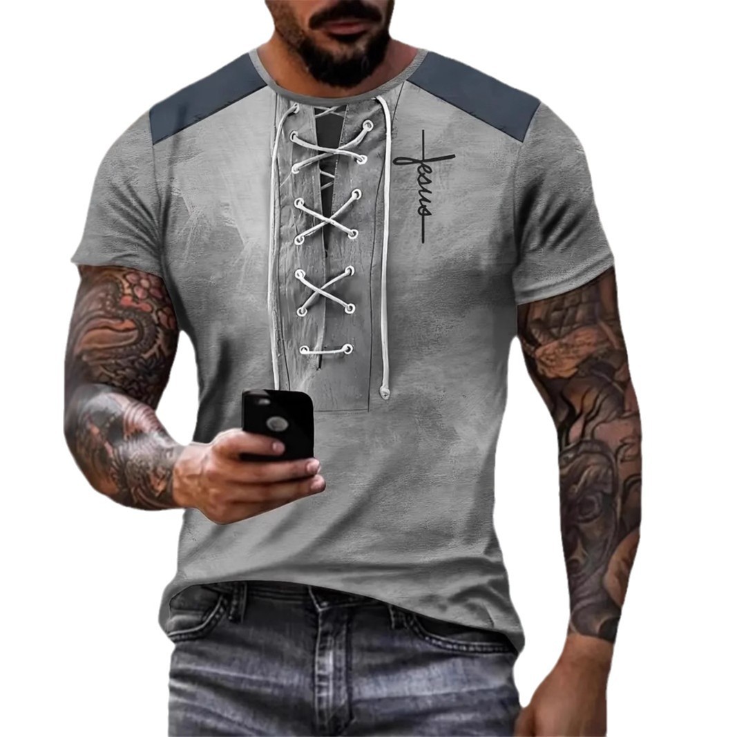 AliExpress europeo y americano venta caliente pseudo cordón decoración impresión 3D hombres verano suelto transpirable manga corta cuello redondo camiseta