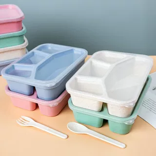 小麦秸秆饭盒方形四格学生便当盒快餐盒零食干果盒小吃碟零食盒
