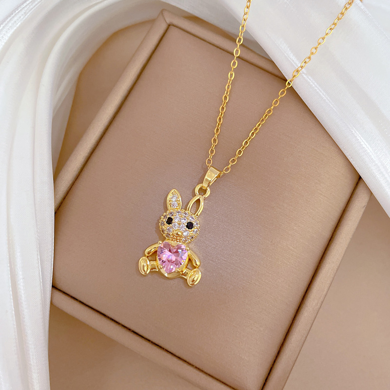 Luxurious Long Eared Rabbit Necklace And Earring Set Titanium_voghion.com