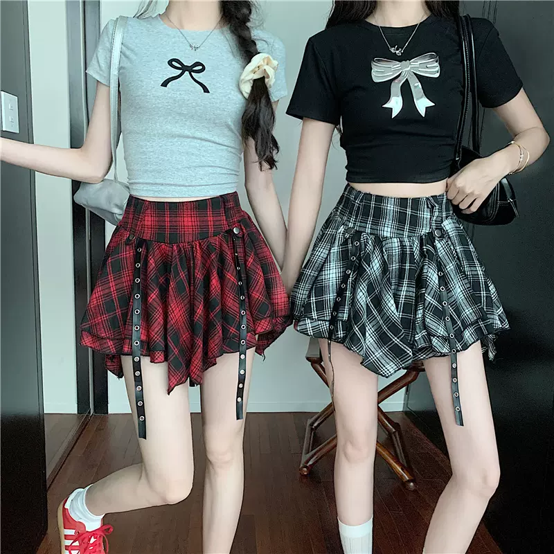 辣妹红格子百褶短裙半身裙女春季新款设计感不规则jk蓬蓬裙蛋糕裙