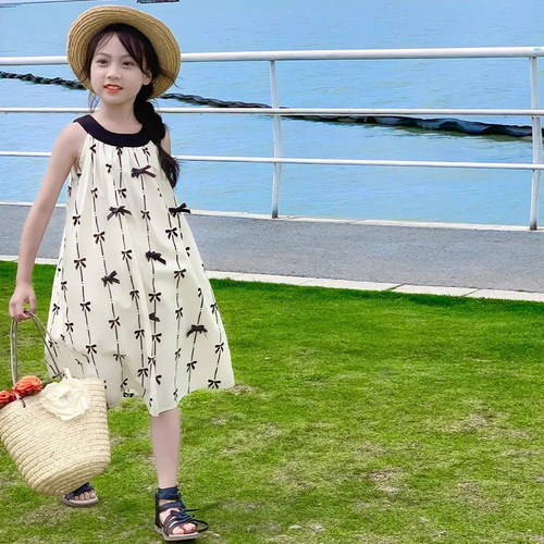Princess Dress Girls' Dress Children's Summer Wear 2025 Girls Beach Vacation Sand Dress V-Neck Dress