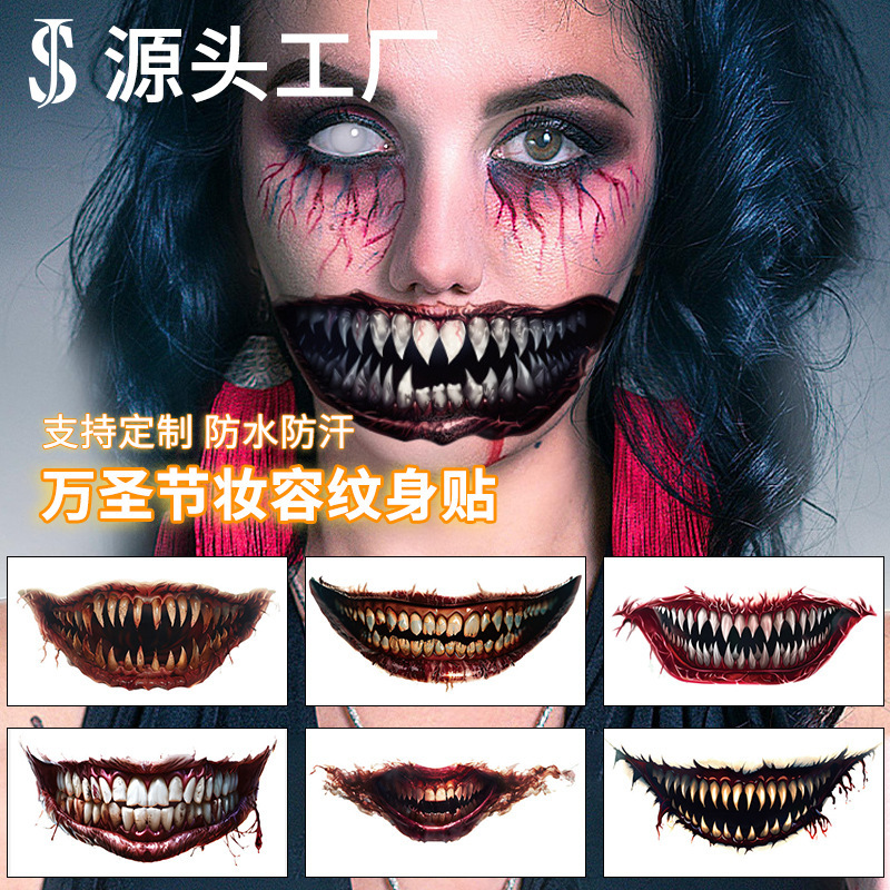 Cross-Border In-Stock Halloween Tattoo Stickers, Big Mouth Tattoo Stickers, Horror and Thriller Stickers, Waterproof and Sweat-Proof Face Tattoo Stickers