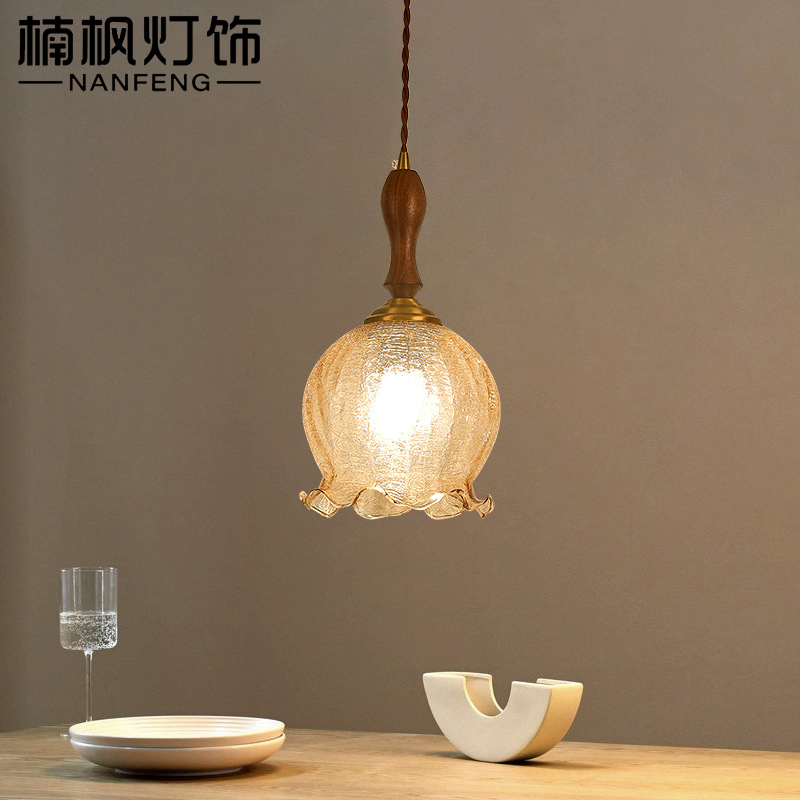 复古风黄铜吊灯胡桃木中古玻璃卧室灯书房橱窗餐厅吧台床头小吊灯