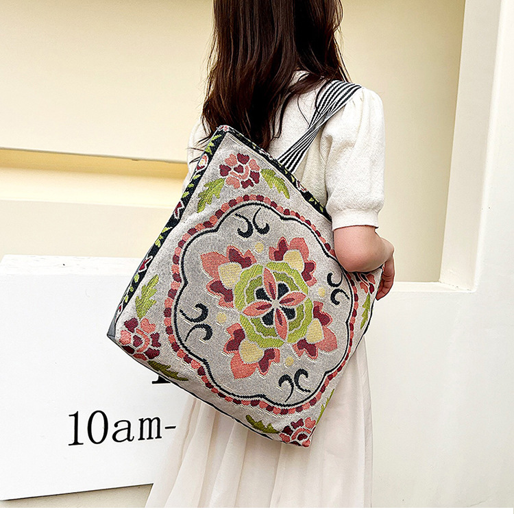 195g Weight Polyester Lining Material Zipper Closure Type Double Shoulder Straps Strap Type Canvas Bag Bags Type Holiday, Travel Occasion Canvas Material Geometric Pattern All Seasons Season Women's Gender Vacation, Ethnic Style Style Medium Size Women's Medium Canvas Geometric Vacation Ethnic Style Zipper Canvas Bag 2