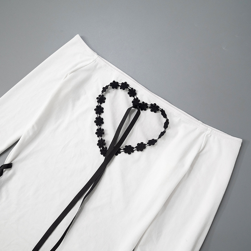 Off Shoulder Hollowed Heart Shape Lace Ribbon Slim Fit Slimming Contrast Color Top Women Long Sleeve Sexy 13 Off Shoulder Hollowed Heart Shape Lace Ribbon Slim Fit Slimming Contrast Color Top Women Long Sleeve Sexy