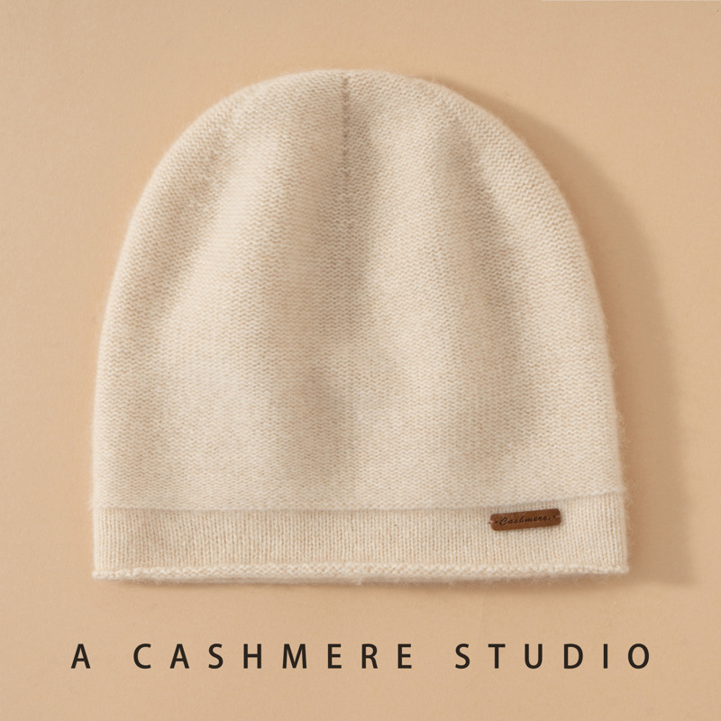 Winter 100% Pure Cashmere Double-Layer Rolled Edge Hat Knitted Seamless Hat Cashmere Women's Warm Versatile Soft and Comfortable
