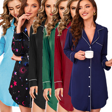 跨境欧美新款休闲翻领纽扣家居服女装莫代尔长袖睡裙