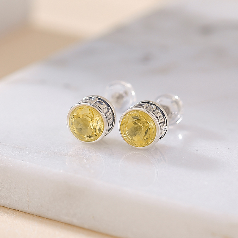 Bông tai bạc S925 đính đá thạch anh tím citrine mặt cắt hình tròn — Kiểu pha lê vàng
