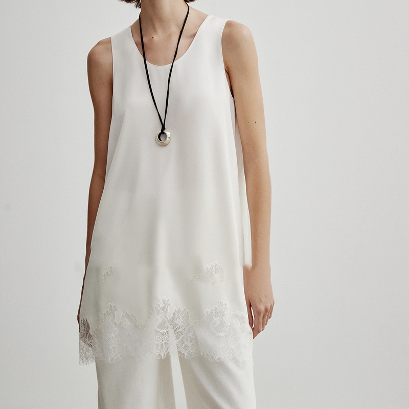 In-Stock Kei Layered Wear Japanese Triacetate Cool-Feel Double-Sided Satin with a Lustrous Drape Versatile Lace Splicing Long Tank Top
