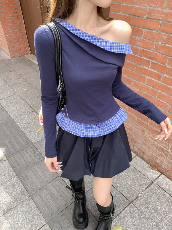 一字肩假两件格子拼接长袖T恤女2025早秋褶皱掐腰显瘦打底衫上衣|undefined