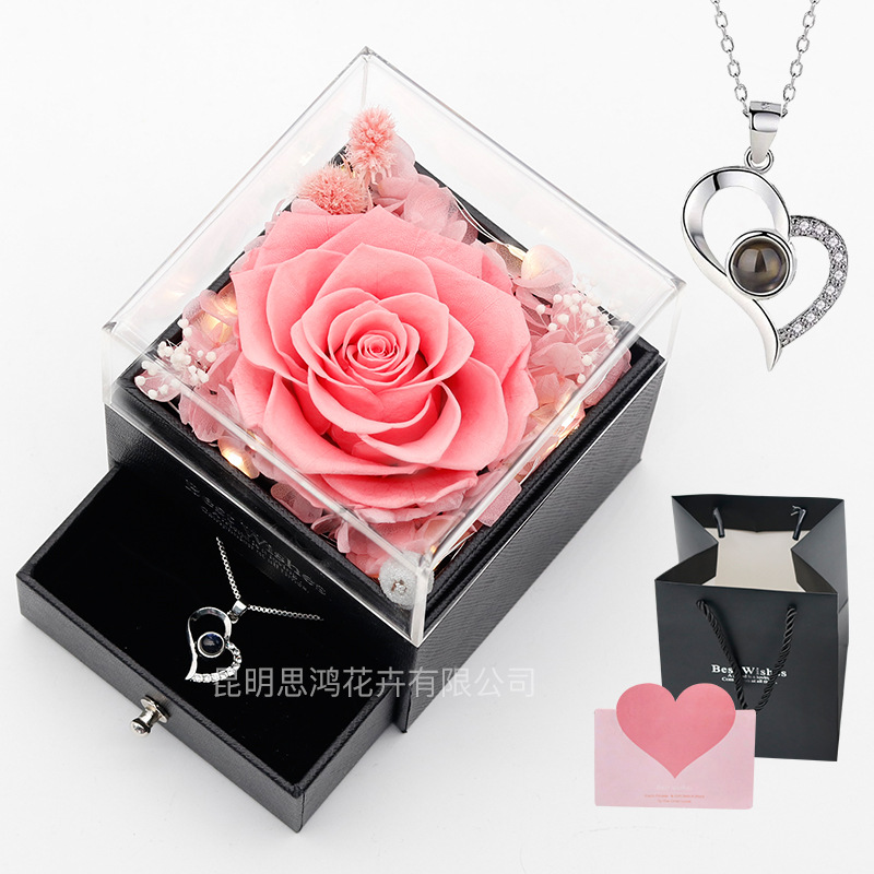 Caja de regalo de joyería con luz, rosa de flor real eterna, para el Día de San Valentín y el Día de la Madre, venta al por mayor transfronteriza de Amazon.