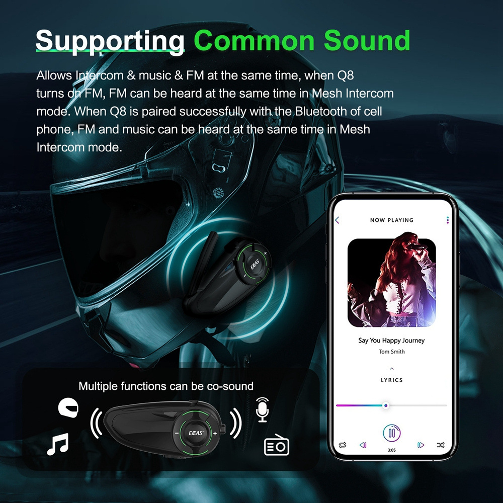 Ejeas Cross-Border Motorcycle Helmet Bluetooth Headset Export Intercom for 1000.6m People Ip67 Waterproof Q8