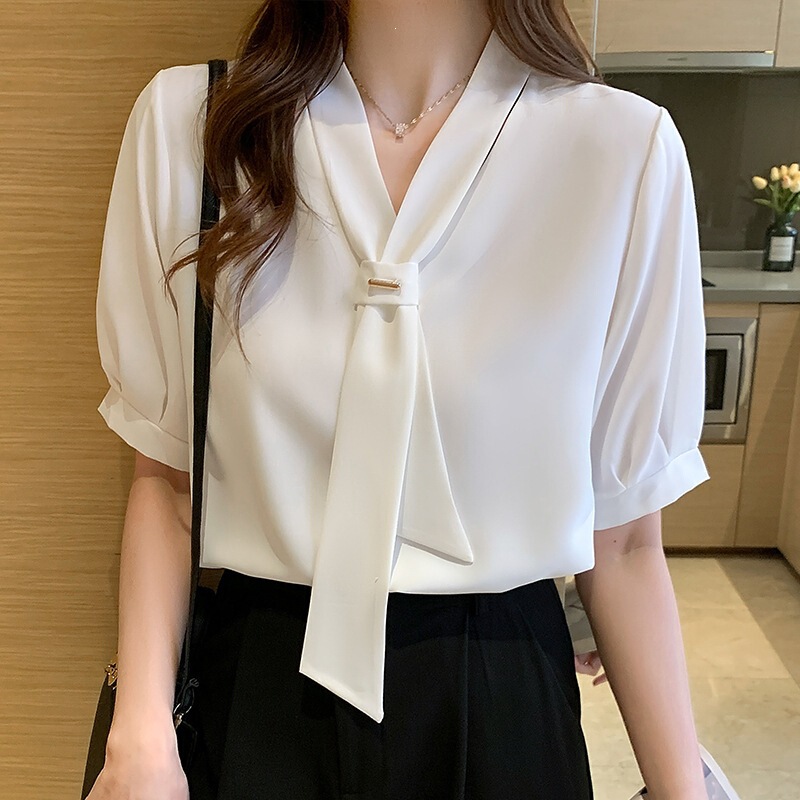 New Style Mulberry Silk Ribbon V-Neck Shirt for Women, Short-Sleeved, Elegant and Professional White Shirt for Working Women