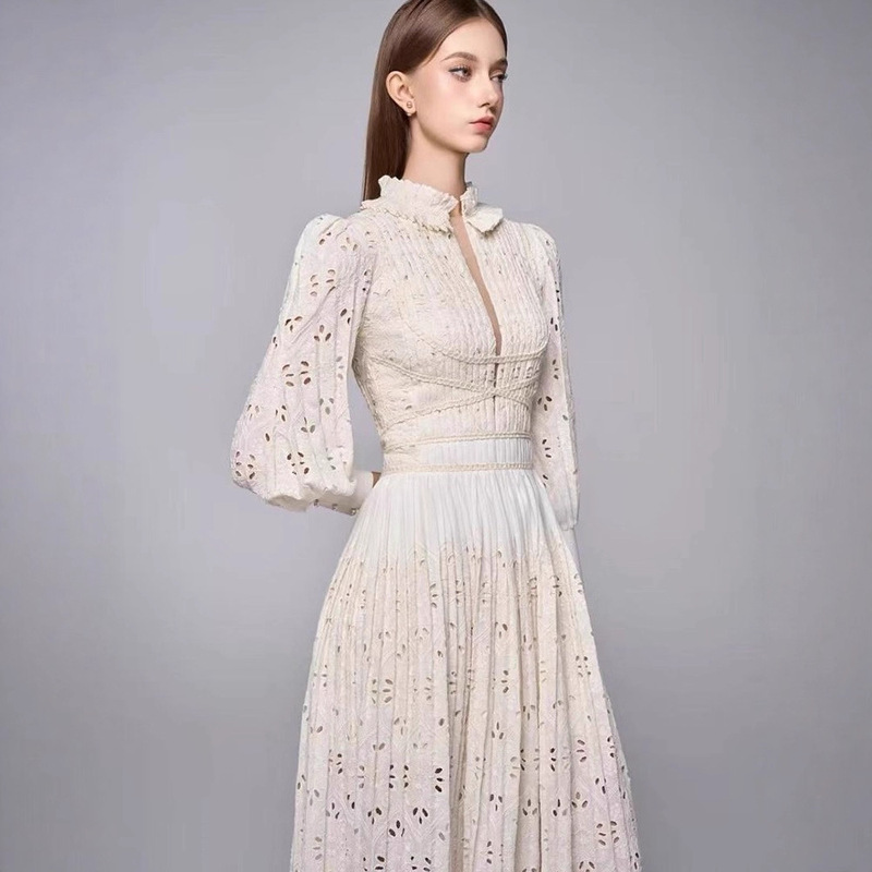 Niche Designer New White Elegant Fashion Long-Sleeve Hollow-Out Small V-Neck Dress for Women