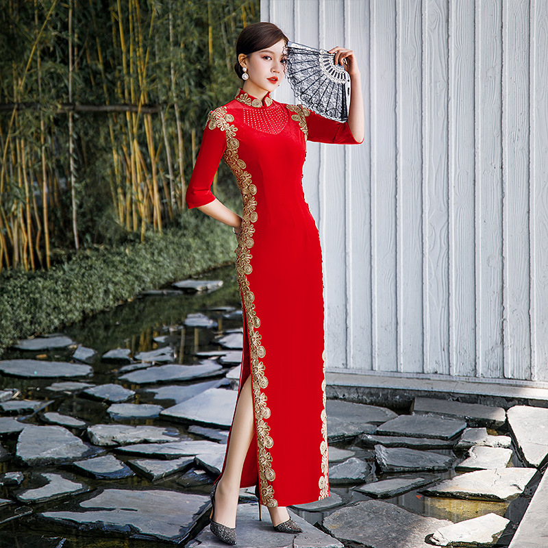 8871旗袍2021年秋冬季优雅复古中长款红色中国风年轻款连衣裙