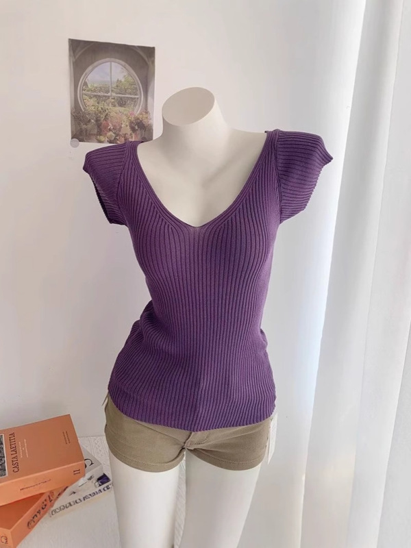 気質スリム深Vネックボディシェイピングフライングスリーブスリム半袖セーターTシャツ女性用|undefined