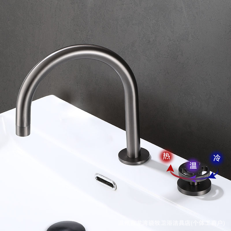 Bathroom All-Copper Gold Hot and Cold Island-Style Two-Hole Washbasin Faucet, Separate Basin Faucet